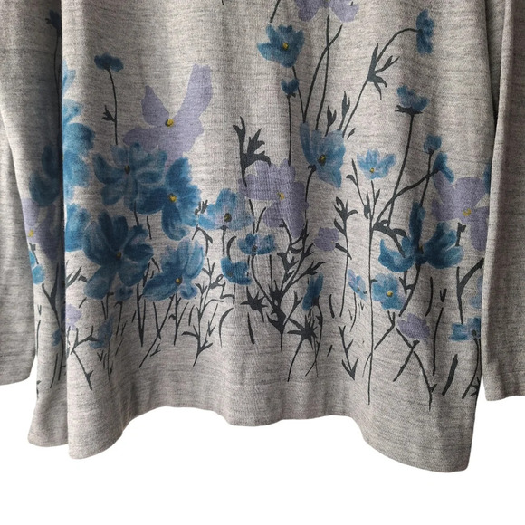 J. Jill XL Gray Grey Cotton Blend Blue Floral Pullover Scoop-Neck Sweater - Picture 4 of 14